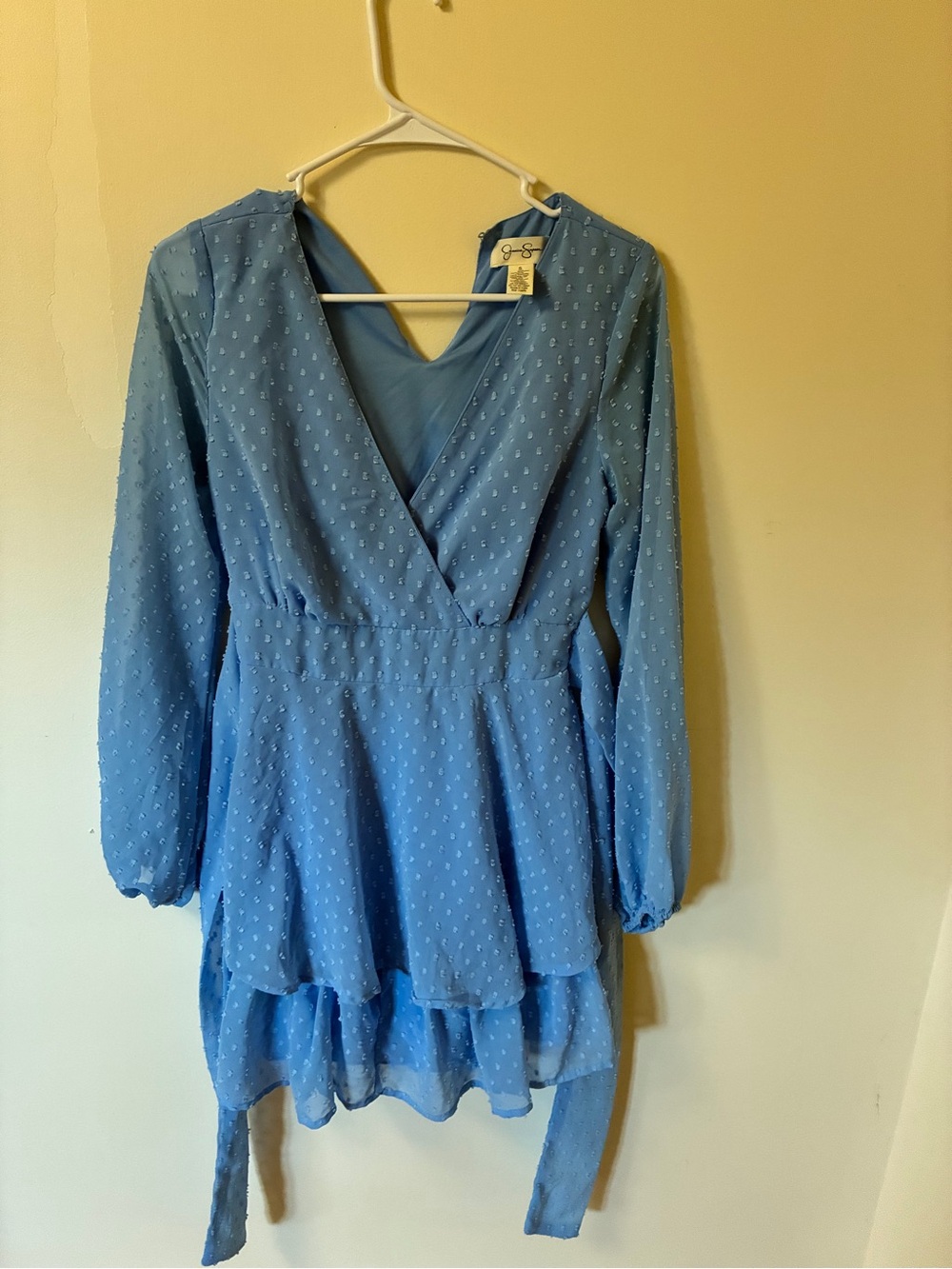 Jessica Simpson Light Blue Swiss Dot Wrap Mini Dress